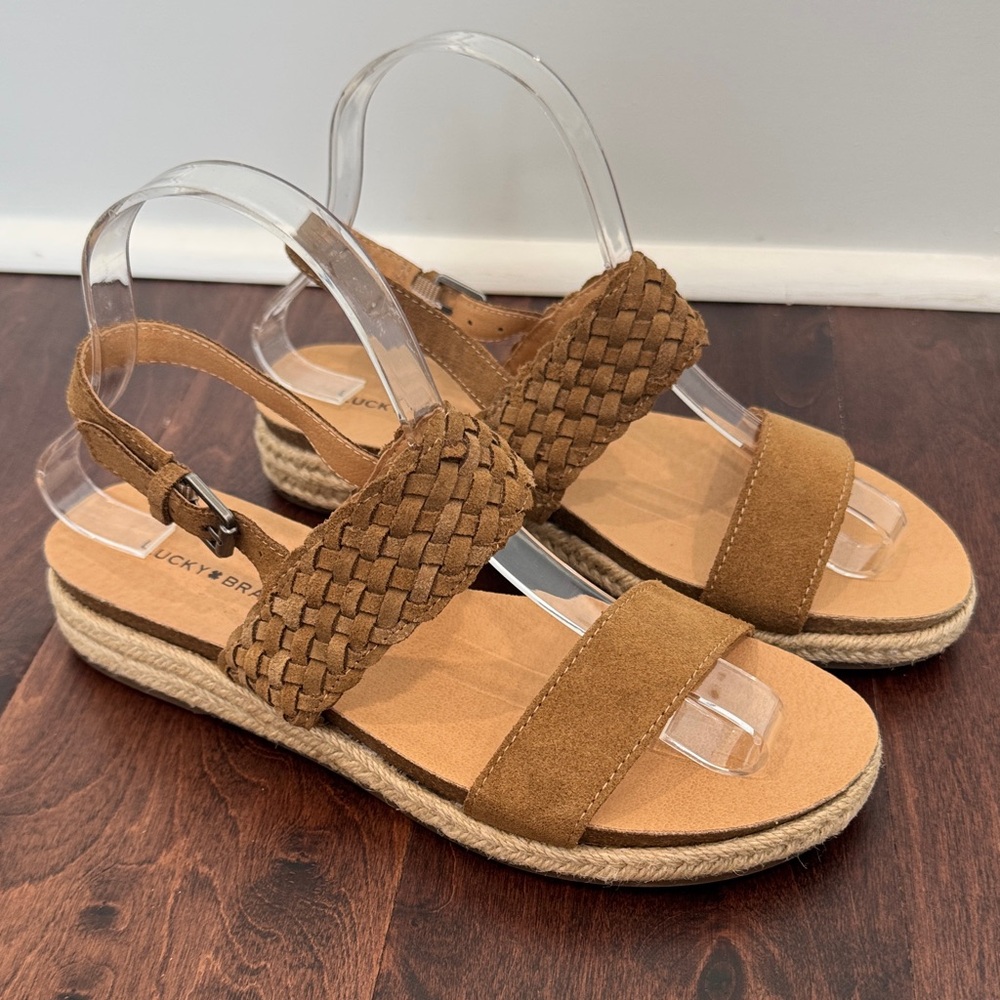 Lucky Brand Women's Gloreah Tan Espadrille Sandals Shoes Braided Suede Leather
